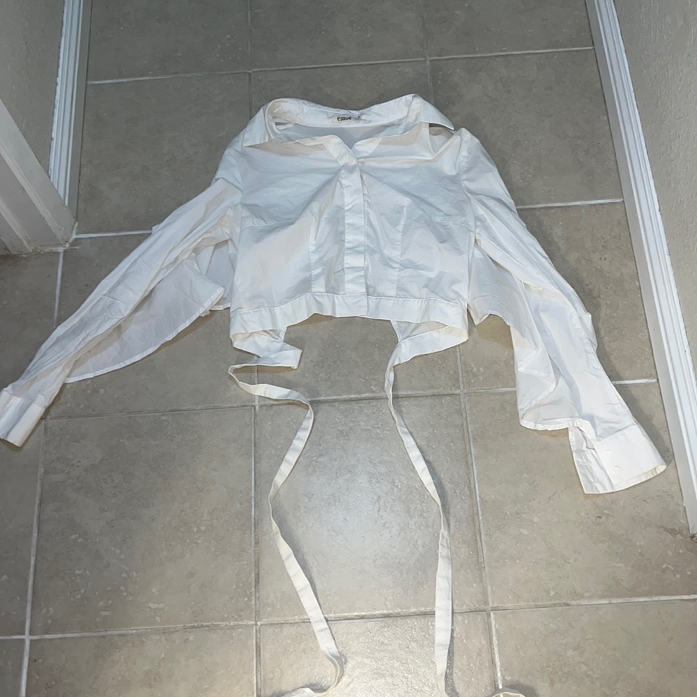 White cropped button down wrap shirt